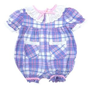 Vintage Tiny Tots Romper Kids Purple Plaid Eyelet Lace Ruffle Vintage Style 2T